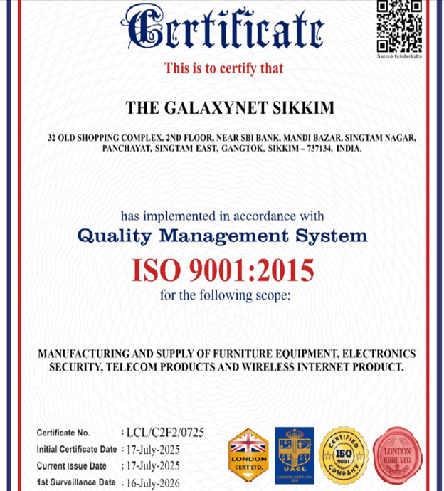 ISO 9001:2015 Certification - The GalaxyNet Sikkim